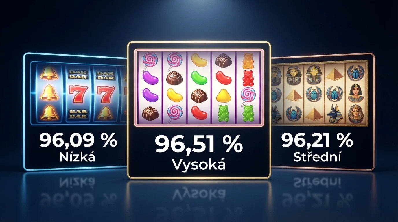 Koláž tří populárních automatů (Starburst, Sweet Bonanza, Book of Dead) s vyznačenými hodnotami RTP a volatility u každého