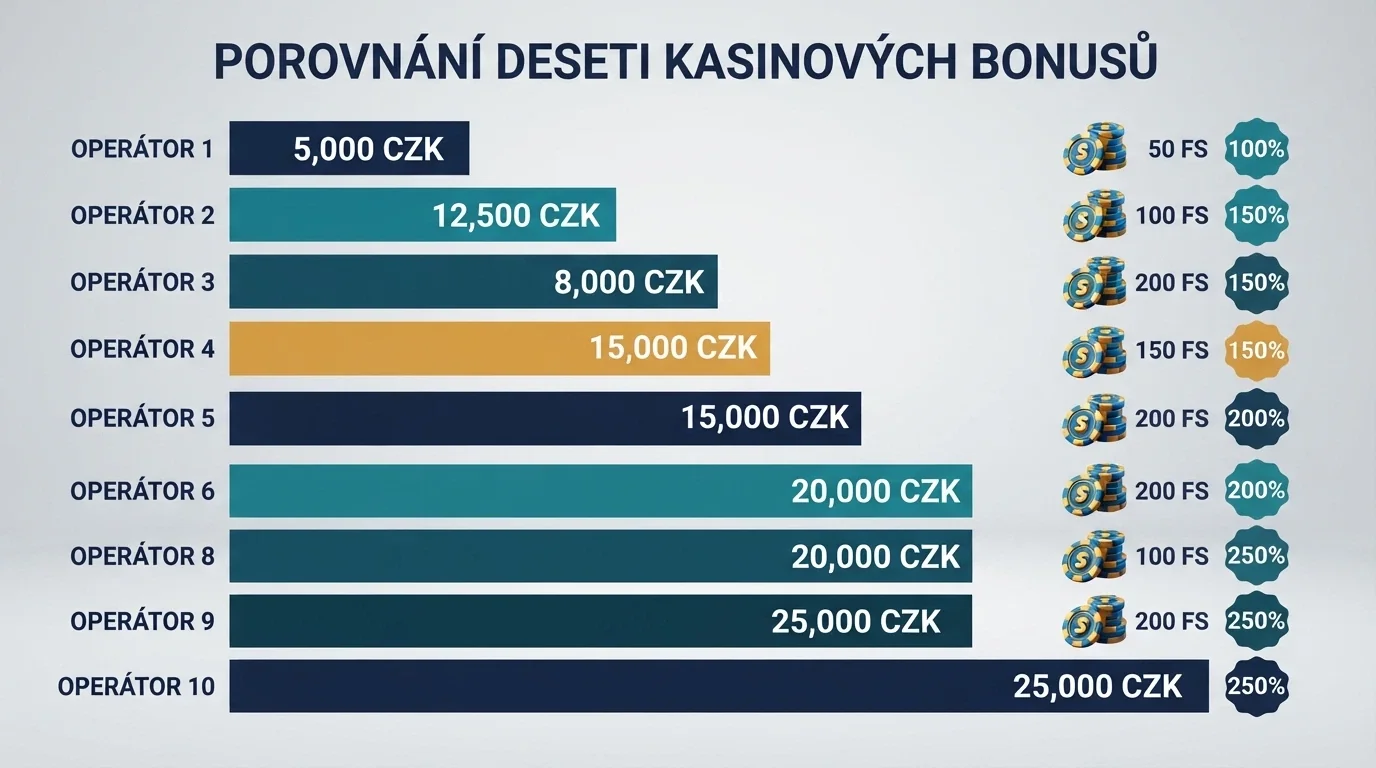 Rozložená srovnávací tabulka s logy deseti operátorů, bonusovými částkami a počty volných otoček