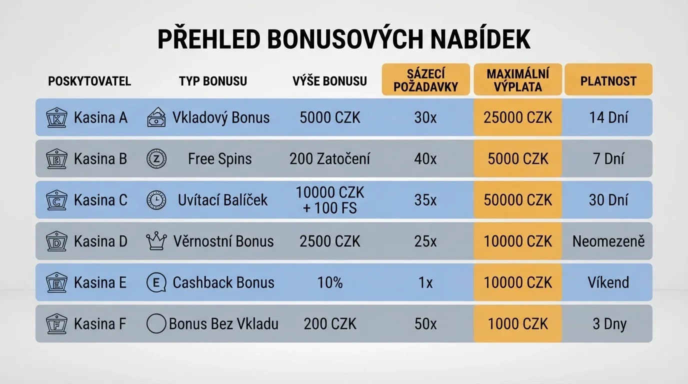 Tabulka s barevně odlišenými řádky reprezentující srovnání deseti casino bonusů — zvýrazněné sloupce ukazují protočení, max výplatu a platnost jako klíčové parametry