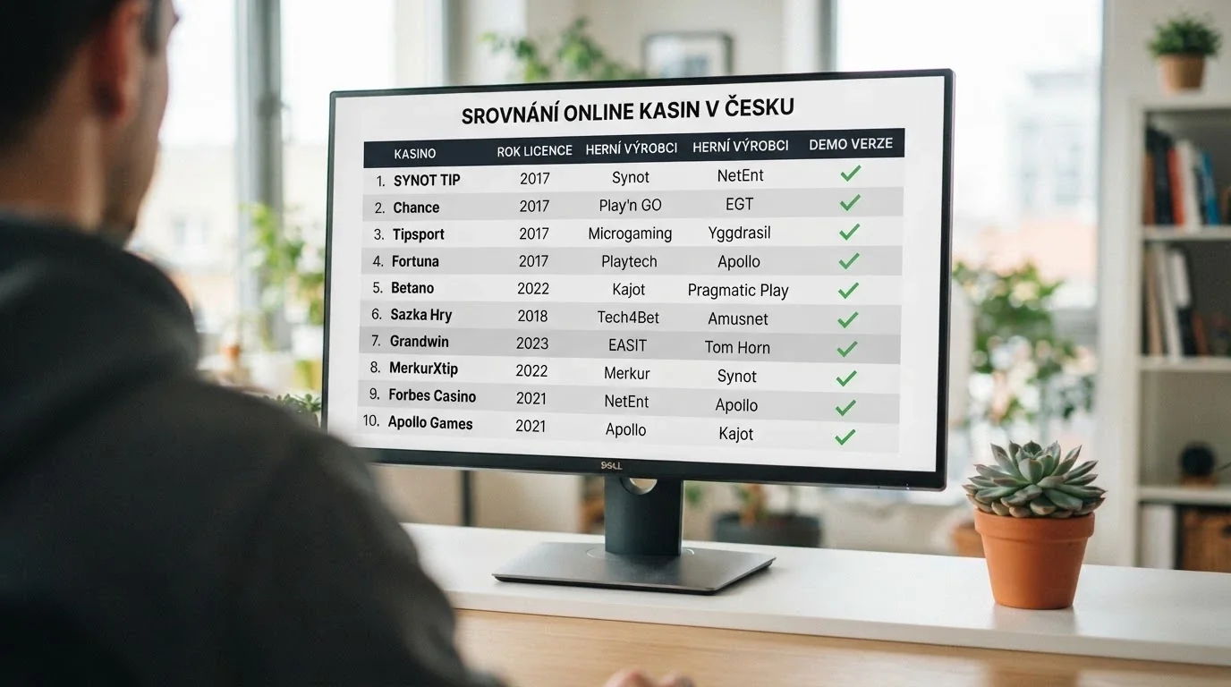 Srovnávací tabulka s logy deseti licencovaných casin seřazených podle nabídky klasických automatů