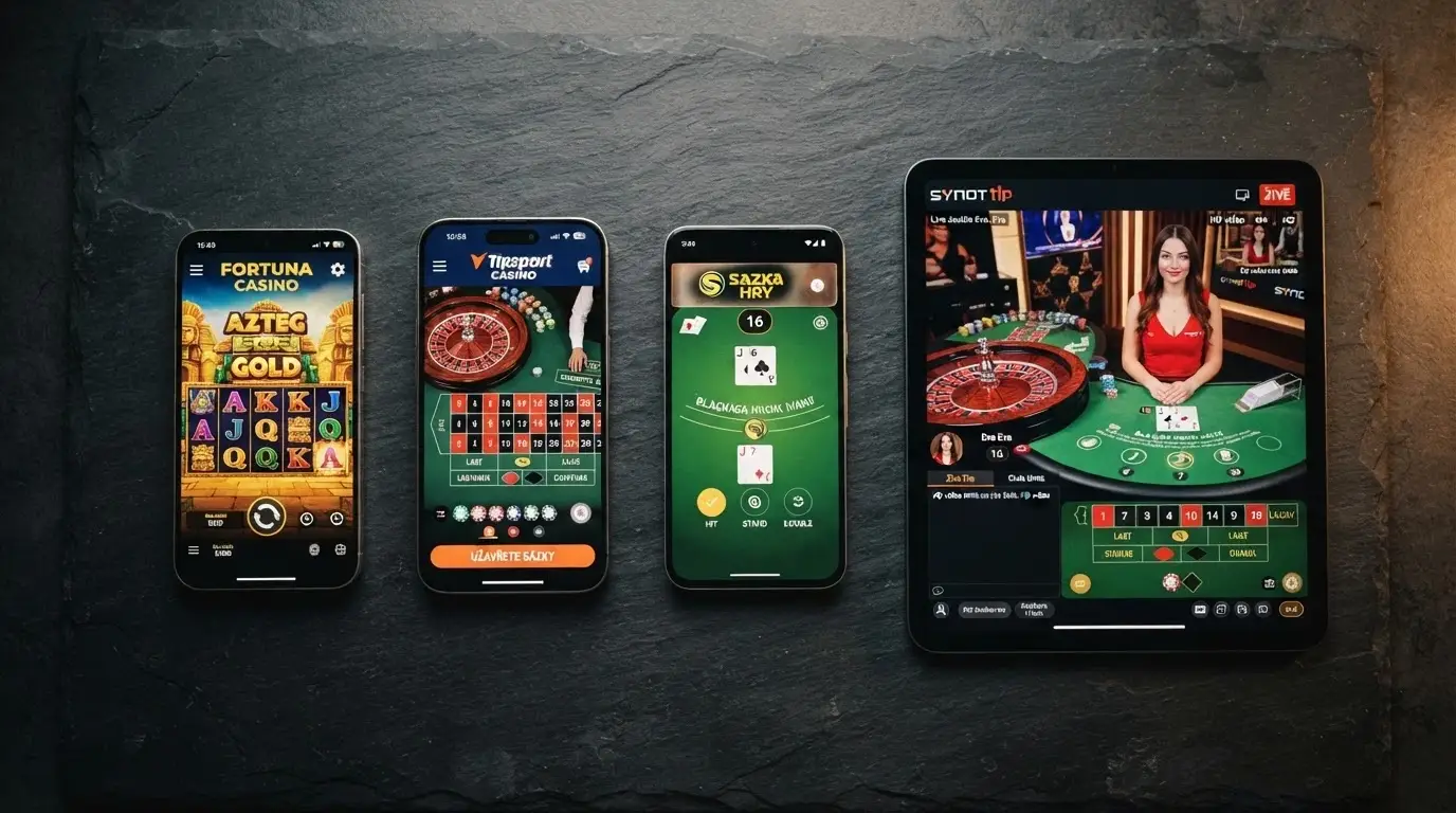 Rozložené mobilní telefony a tablety s logy českých licencovaných casin v porovnávacím zobrazení