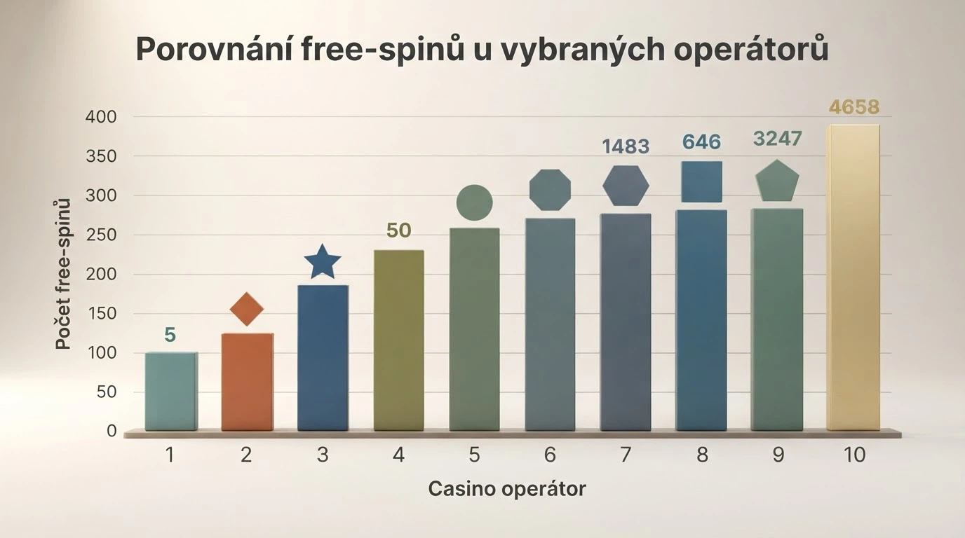 Srovnávací tabulka s logy deseti českých licencovaných casin, pod každým počet volných otoček