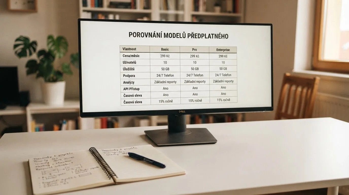 Přehledná tabulka na monitoru zobrazující logo kasin v řádcích a srovnávací údaje ve sloupcích, vedle leží poznámkový blok s perem
