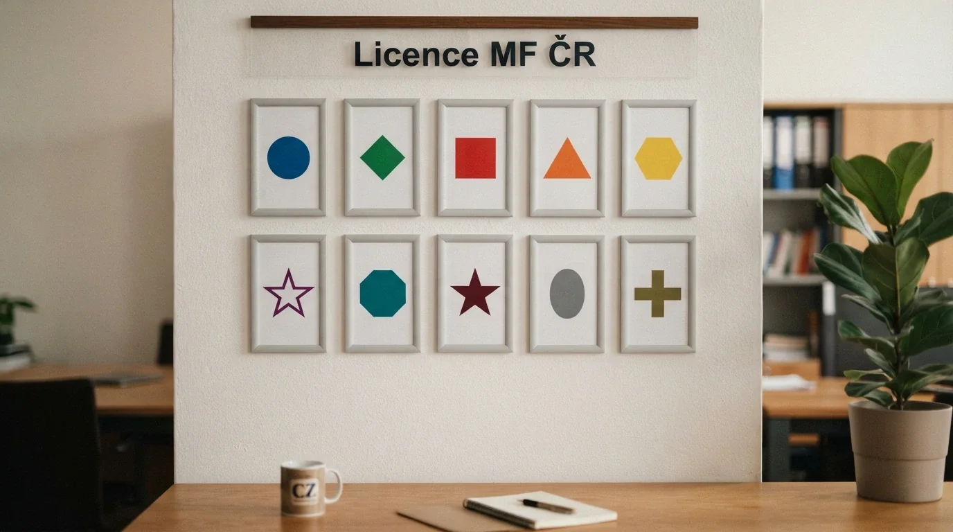 Koláž log deseti licencovaných operátorů uspořádaných do přehledné mřížky, nad nimi titulek „Licence MF ČR“.