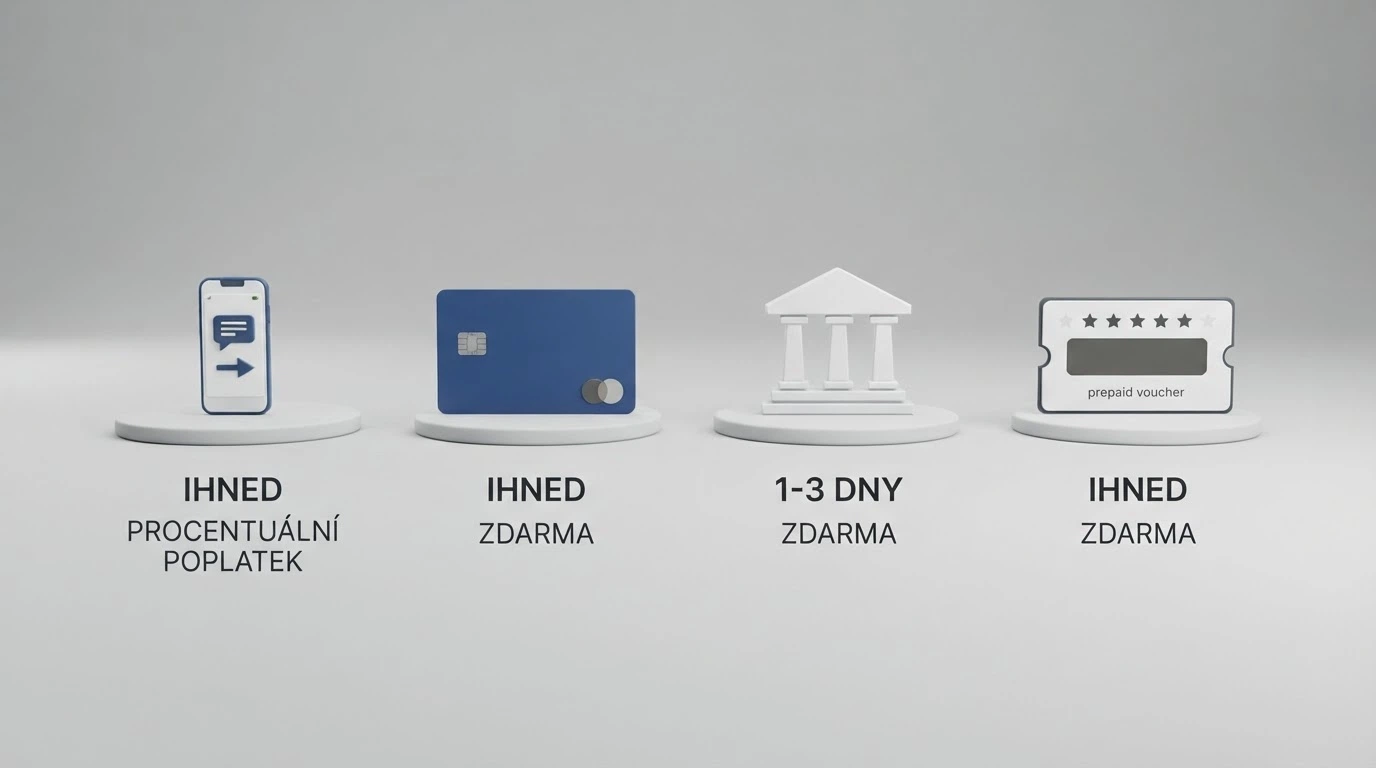 Čtyři ikony platebních metod vedle sebe — SMS, karta, převod, Paysafecard — s klíčovými čísly (rychlost, poplatek) pod každou z nich