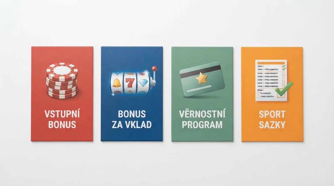 Čtyři dlaždice vedle sebe — bankovky (cash), otáčející se válec automatu (free spiny), věrnostní karta (benefit body), sázkový tiket (FreeBet)