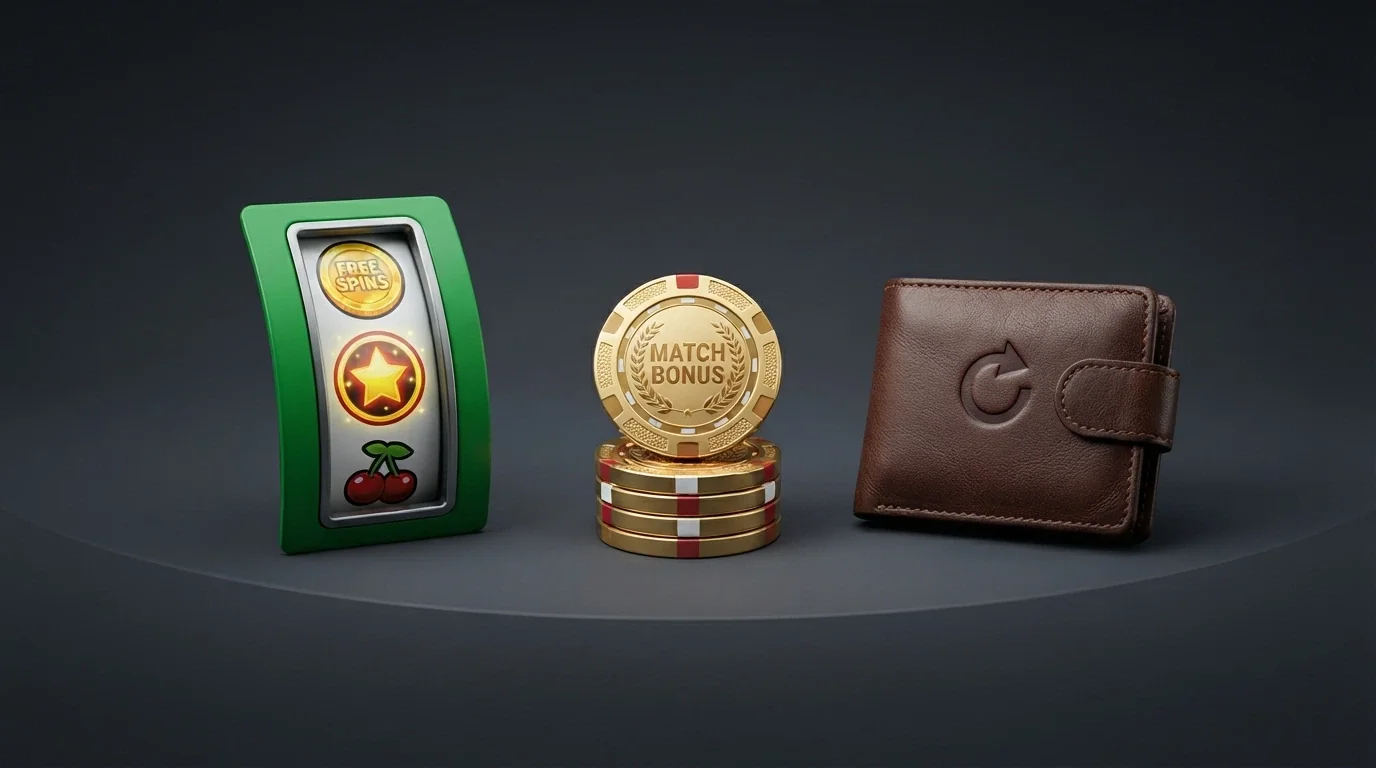 Grafické znázornění tří typů casino bonusů — volné otočky, match bonus a cashback