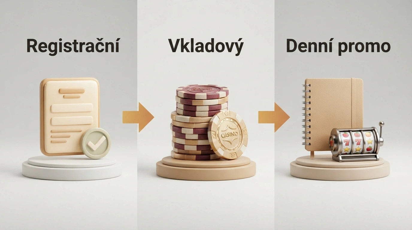 Infografika znázorňující tři typy free-spinových bonusů — registrační, vkladový a denní promo