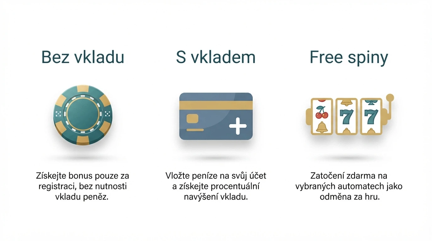 Infografika srovnávající tři typy bonusů — bez vkladu, s vkladem a free spiny