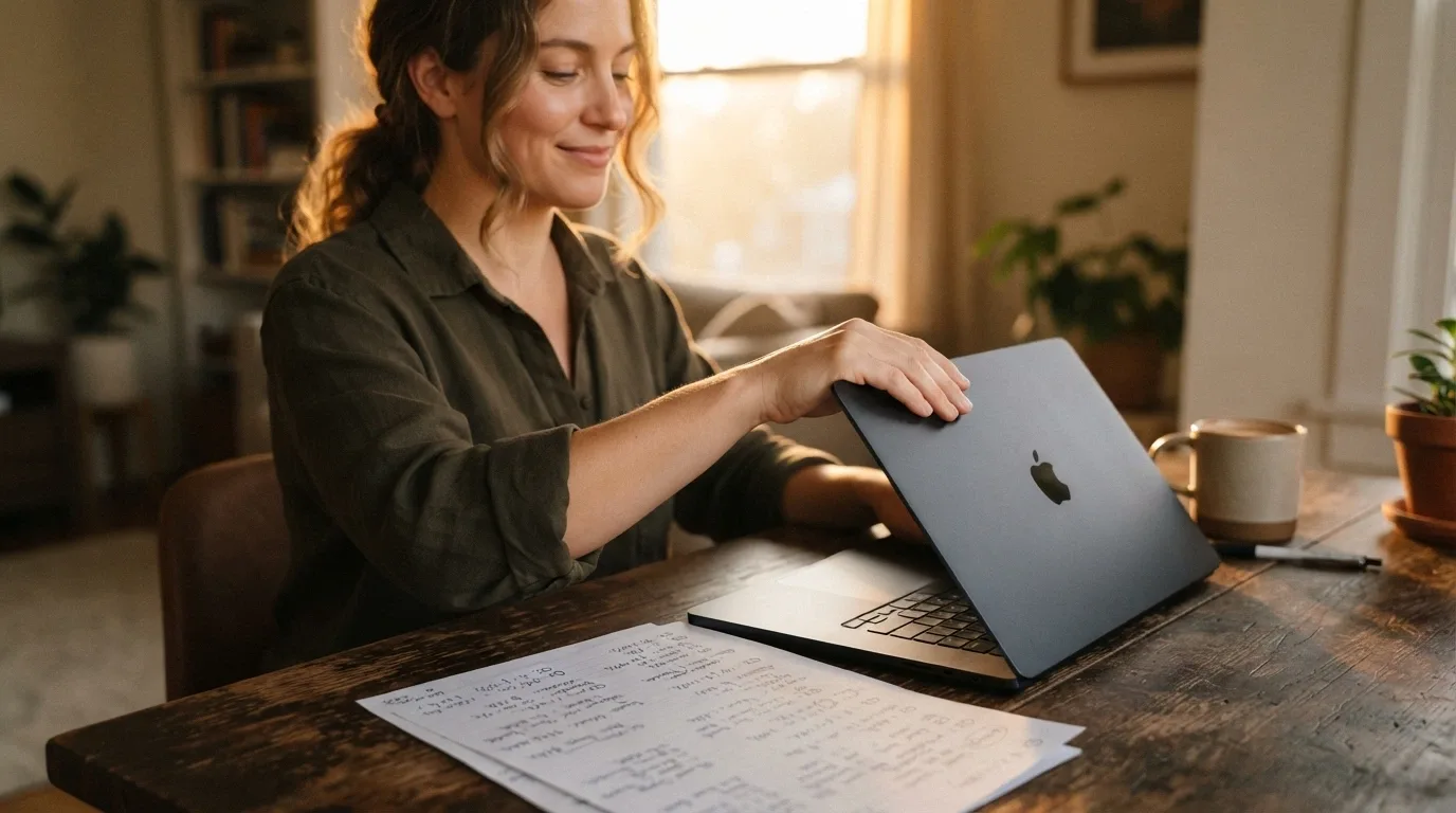 Hráč zavírá notebook s uspokojivým výrazem, na stole leží poznámky s čísly RTP a poplatků