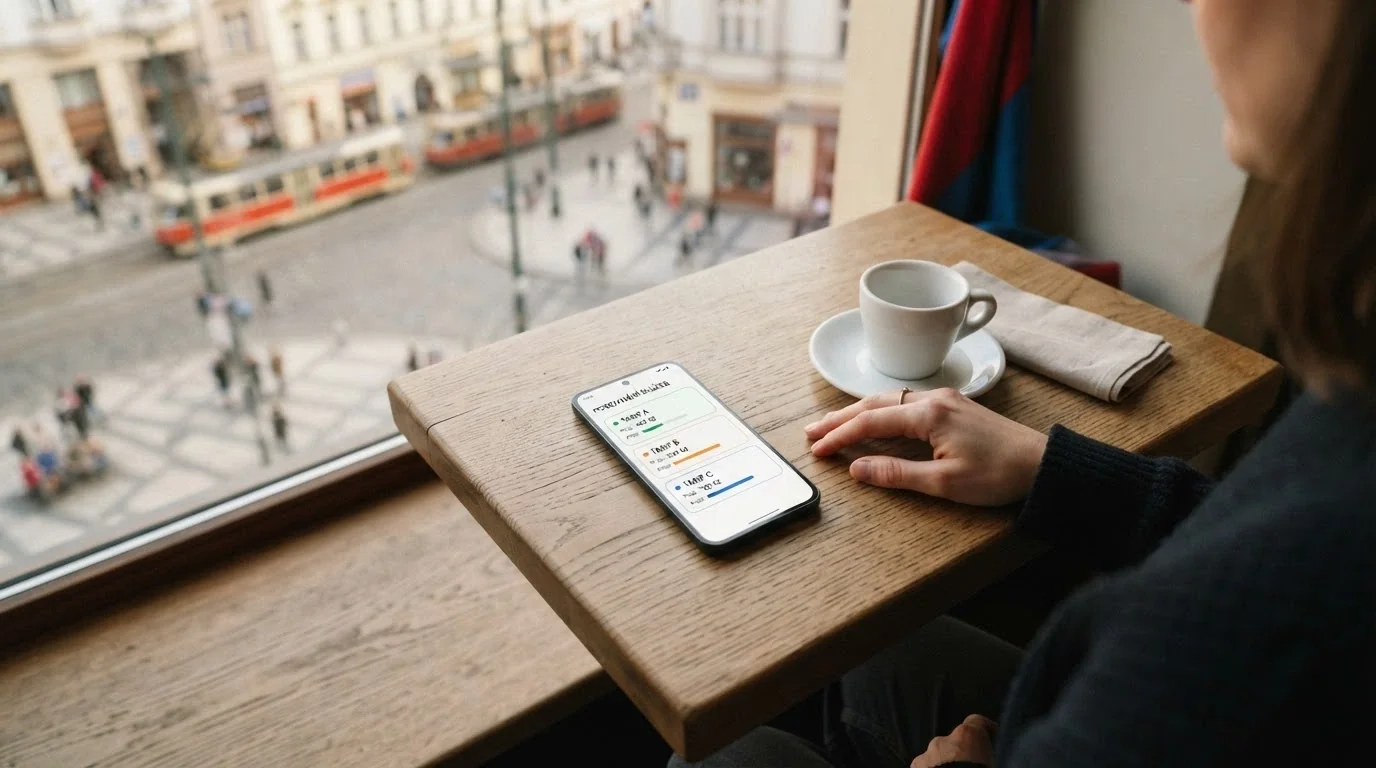 Hráč v kavárně s mobilem v ruce — na displeji srovnání kasin, v pozadí česká vlajka nebo známý český urbanistický prvek