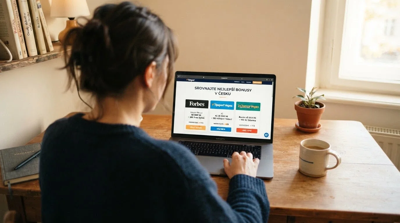 Hráč u počítače porovnávající nabídky bonusů na srovnávacím webu s šálkem kávy