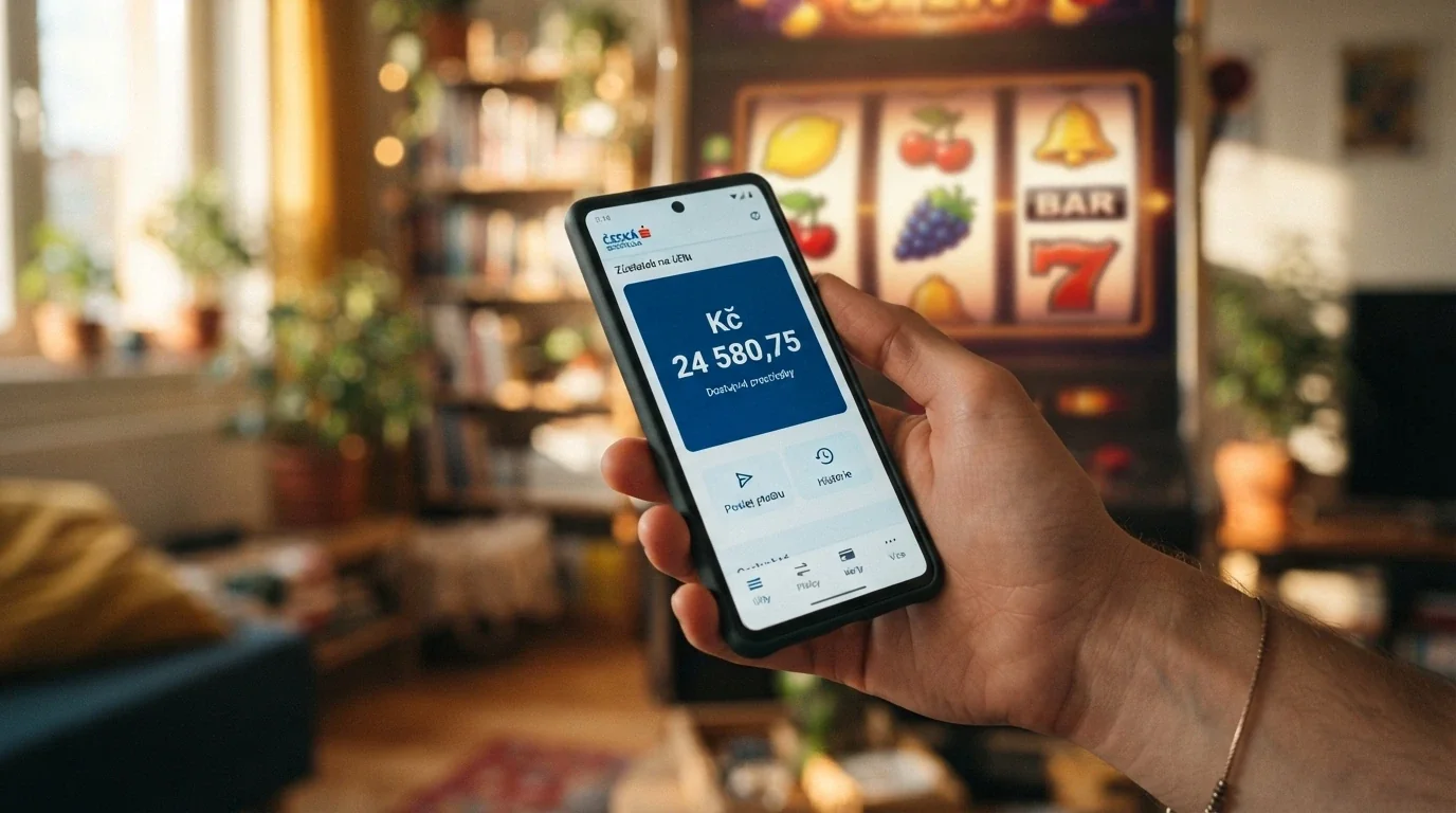 Ruka držící telefon s bankovní aplikací, na pozadí grafika automatu a šipka od ikony spinu k ikoně bankovního účtu