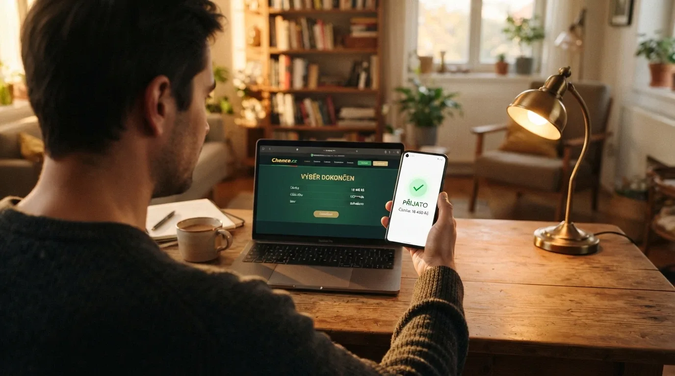 Hráč u počítače s mobilem v ruce, na displeji potvrzení o přijaté platbě