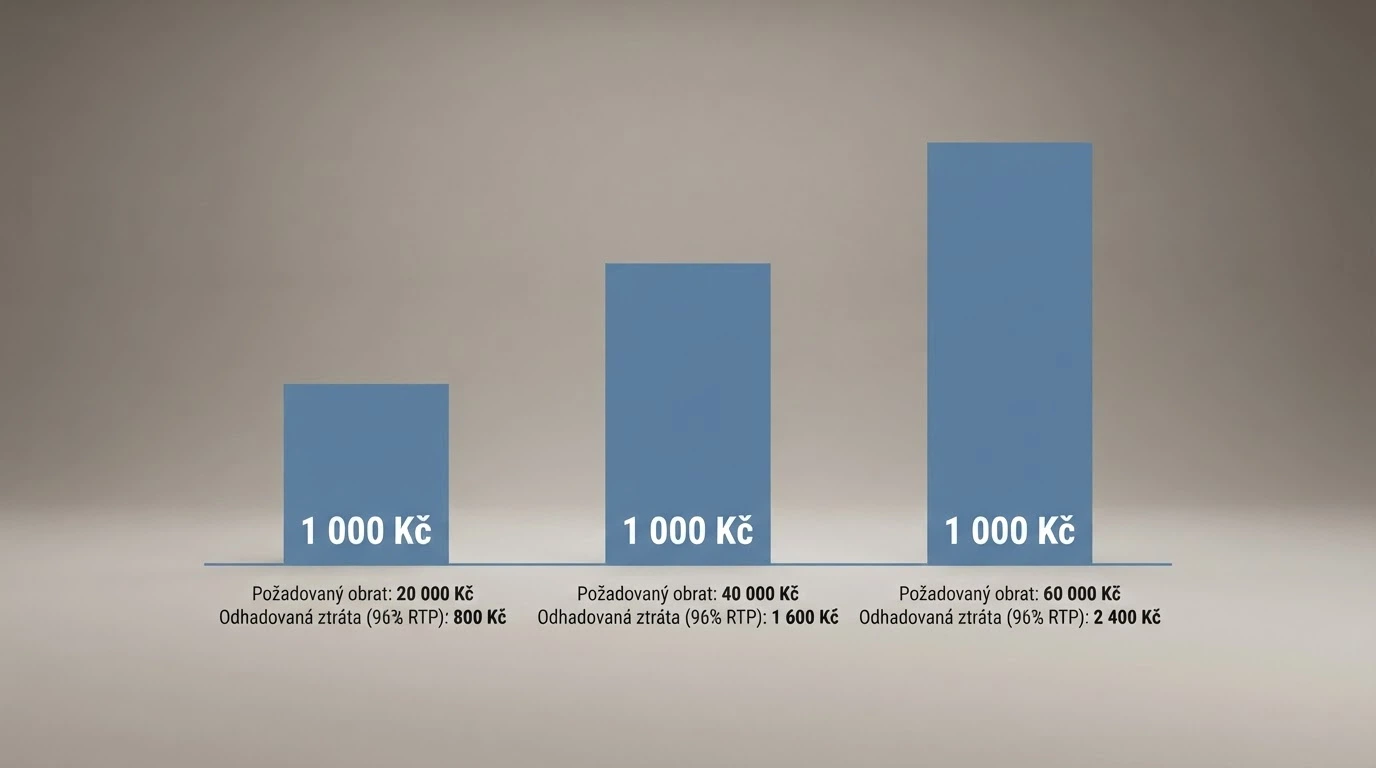 Infografika: tři sloupce ukazují stejný bonus 1 000 Kč při wageringu 20×, 40× a 60× — pod každým částka k prosázení a odhadovaná ztráta při 96% RTP