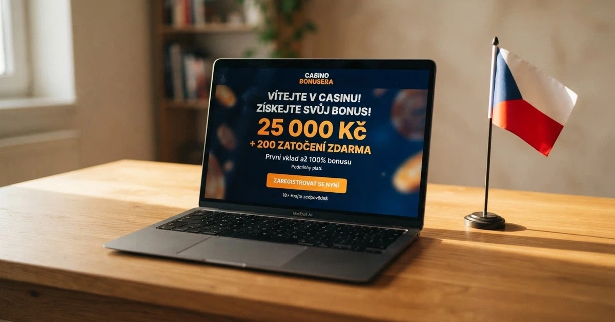 Rozhraní online casina s uvítací nabídkou bonusu za registraci na obrazovce notebooku a českou vlajkou