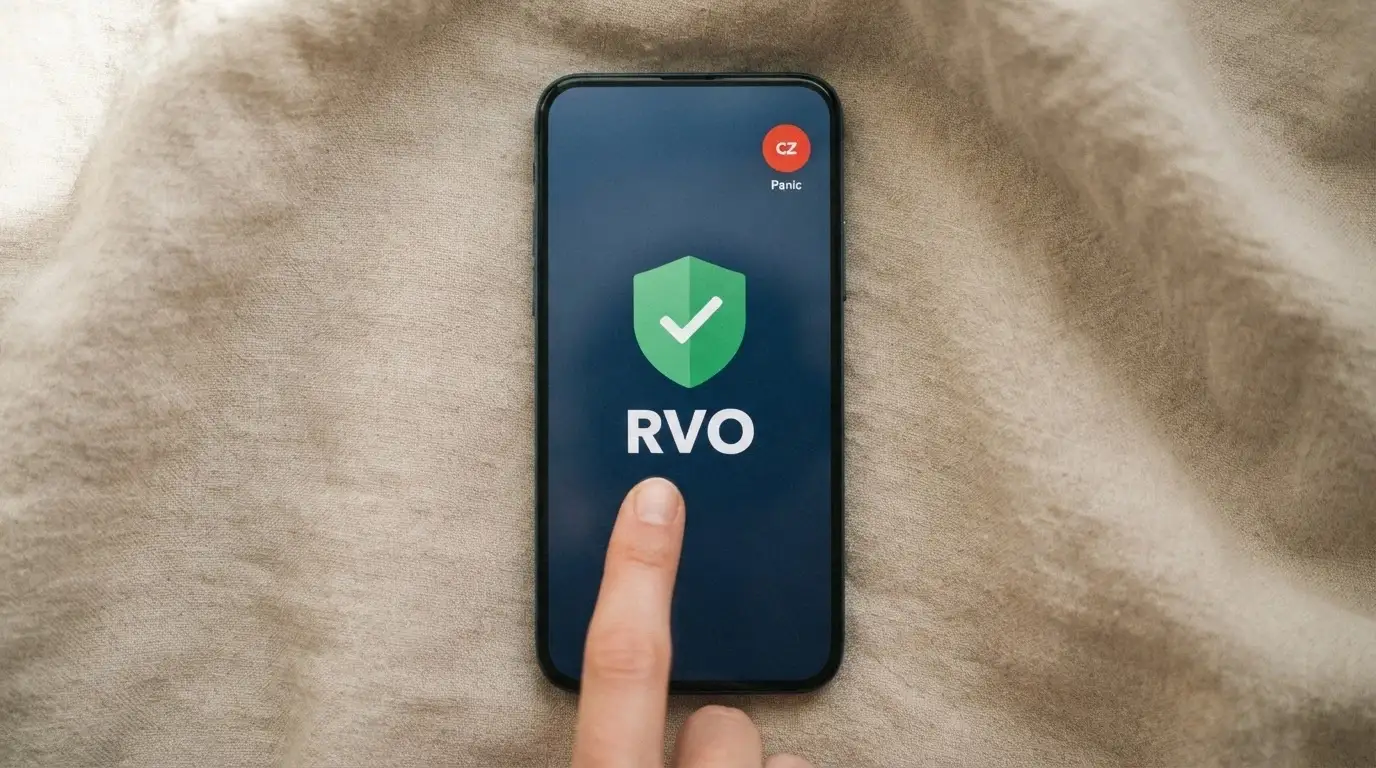 Telefon s číslem Linky pomoci na displeji, vedle něj ikony panic buttonu a štítu s nápisem RVO