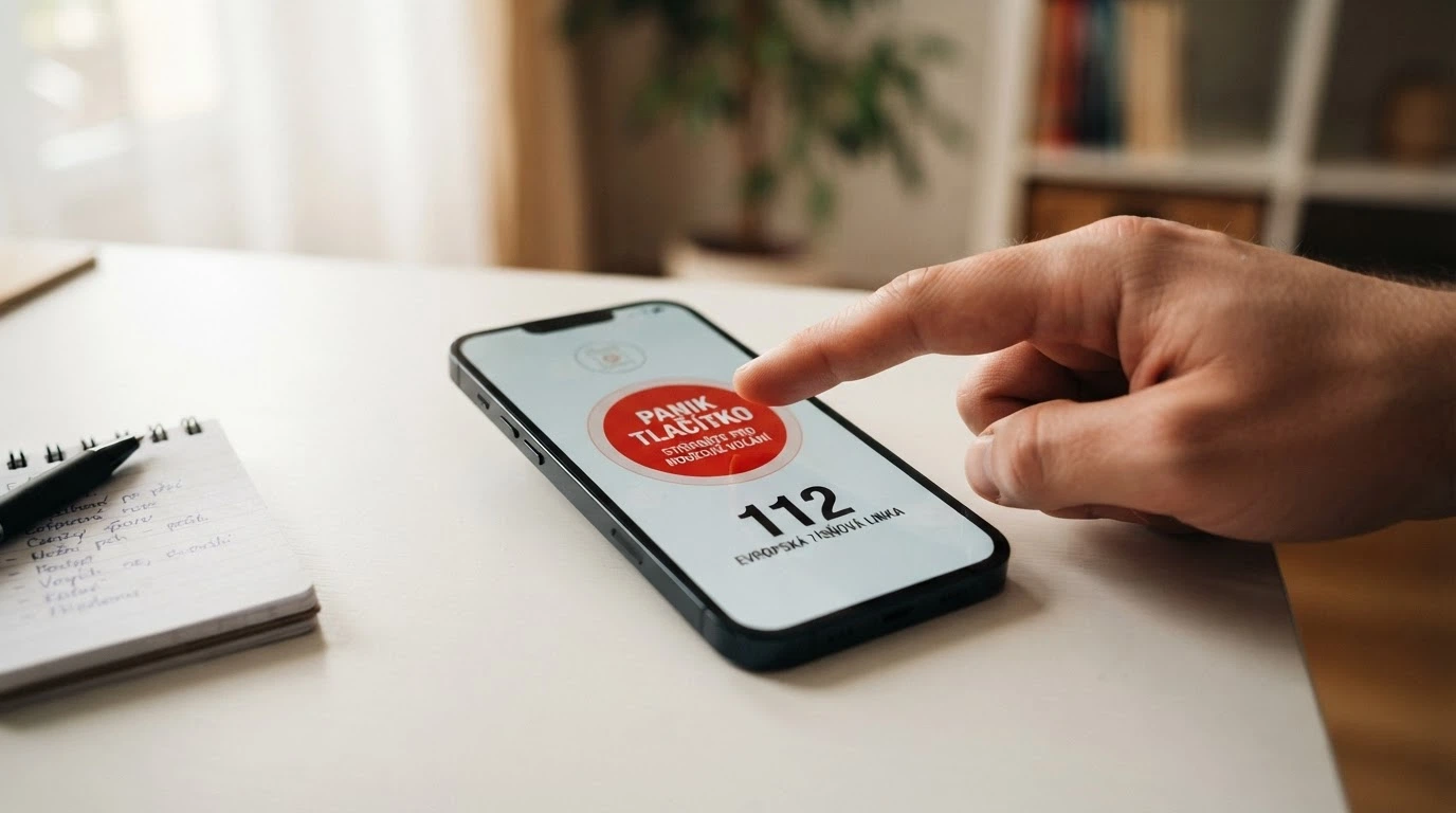 Telefon s číslem linky pomoci a ikonou panic buttonu na obrazovce