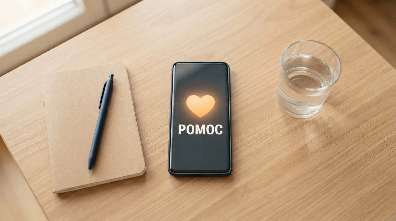 Telefon s vytočeným číslem linky pomoci, vedle notýsek s poznámkami a sklenice vody, klidné prostředí