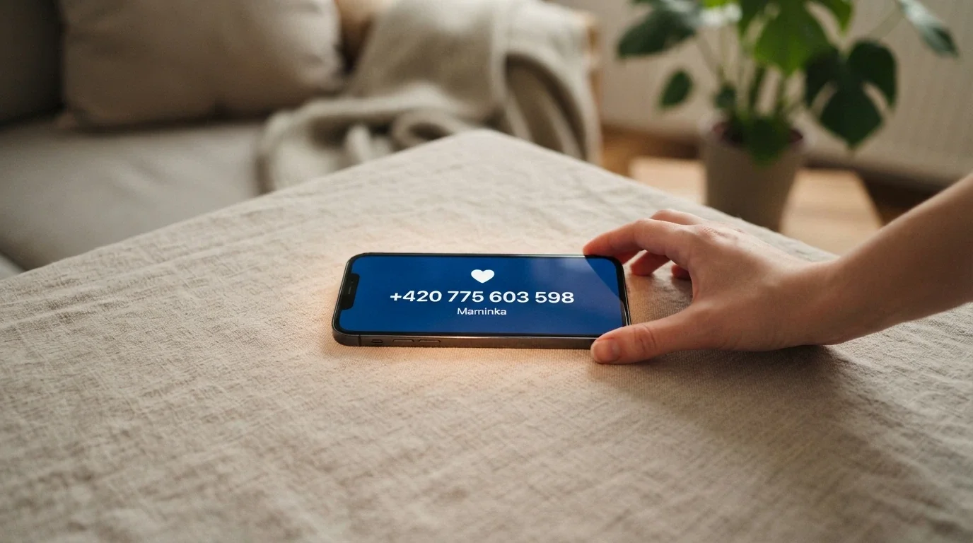 Mobilní telefon s vytočeným číslem linky pomoci, na displeji logo projektu zodpovědného hraní.