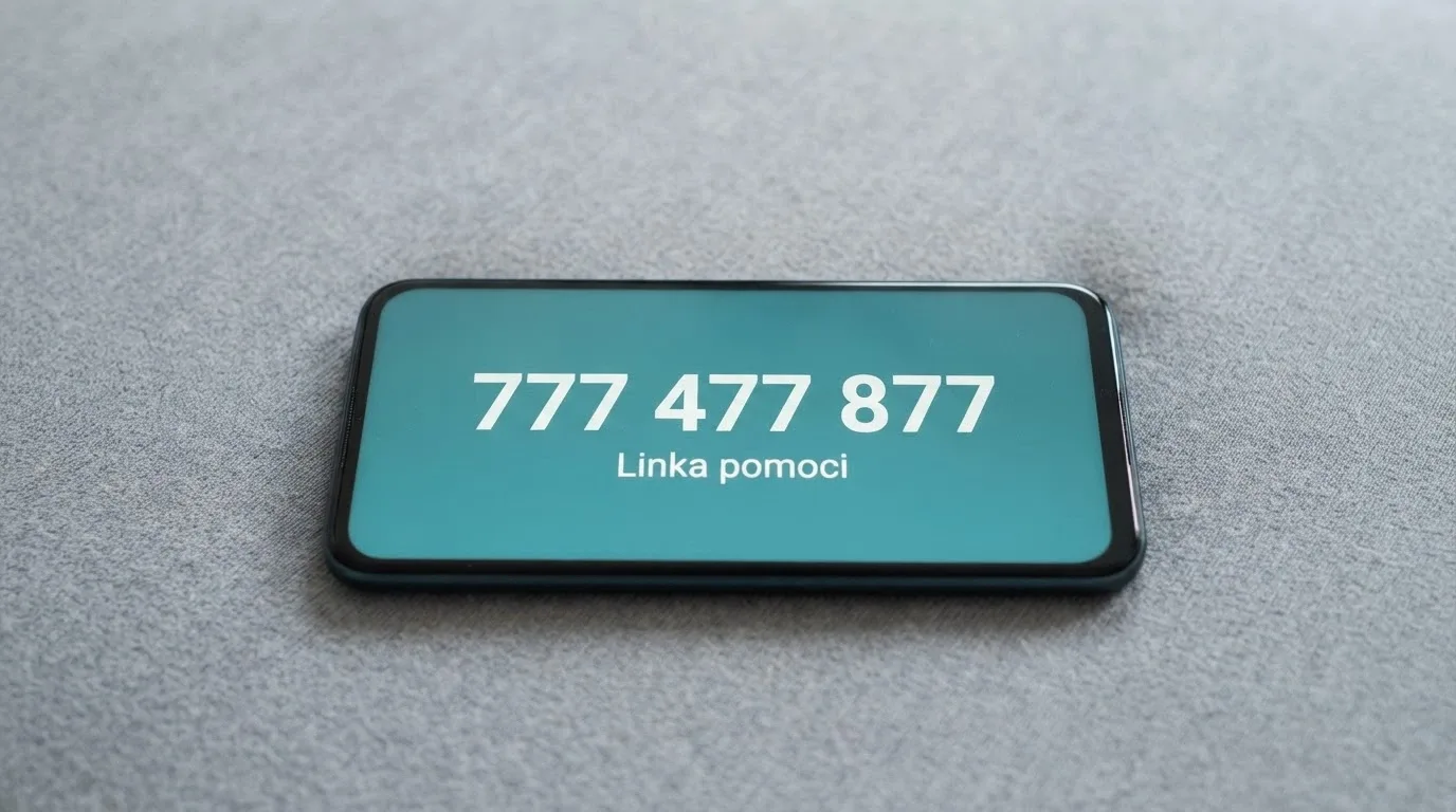 Telefon s vytočeným číslem linky pomoci 777 477 877 na displeji, v pozadí logo Zodpovědné hraní