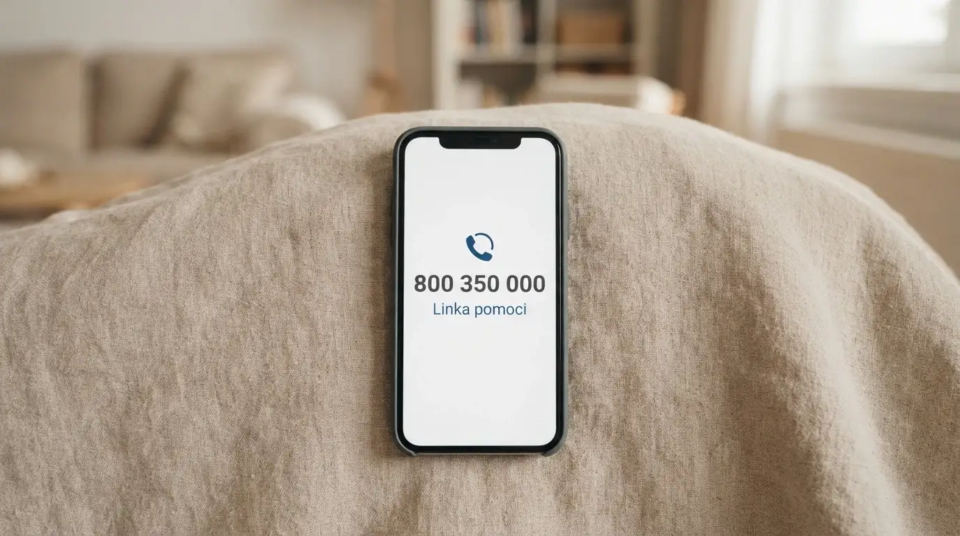 Telefon s vytočeným číslem linky pomoci, v pozadí logo Národní linky pro odvykání hraní