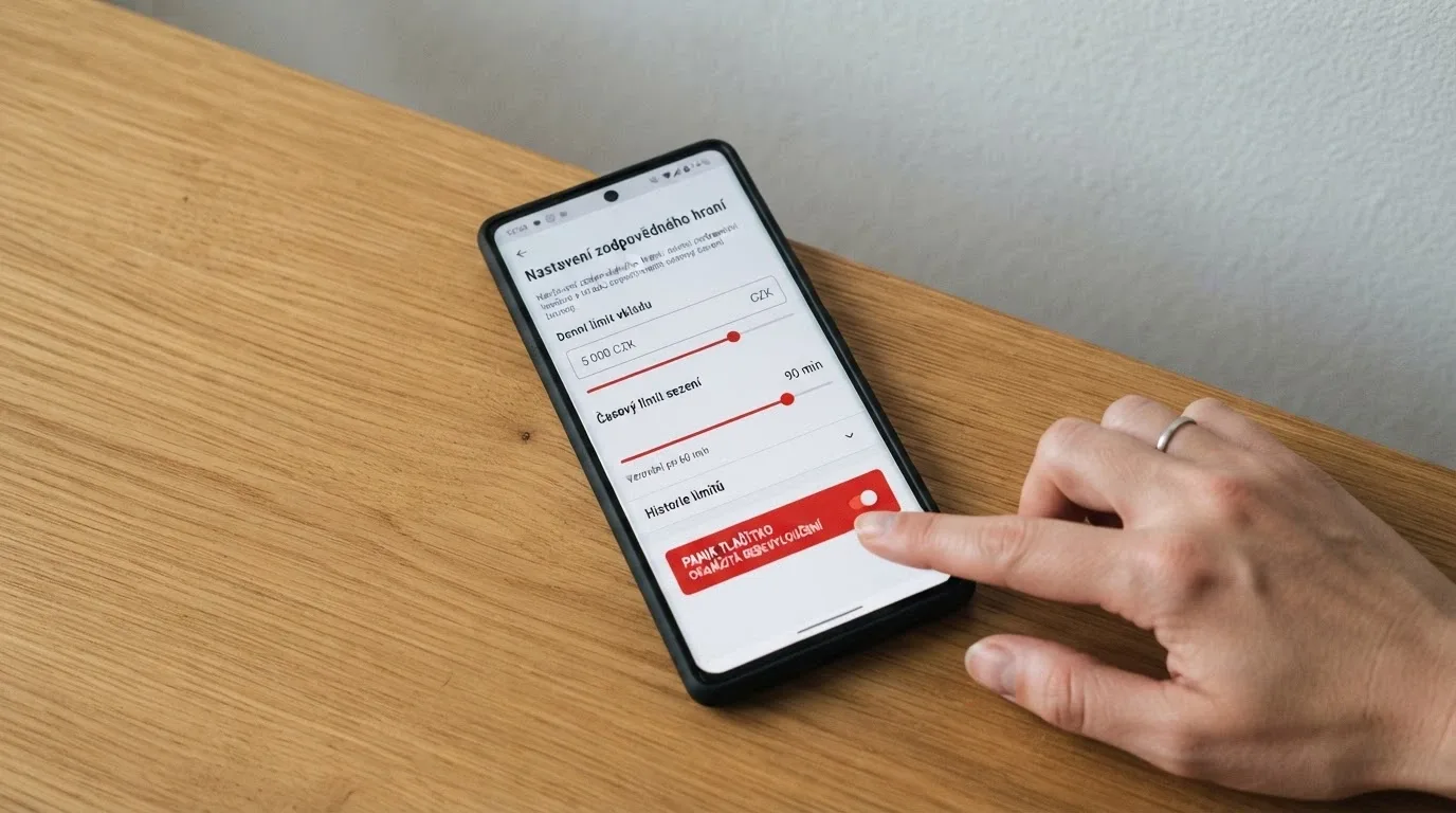 Mobilní telefon s otevřenou stránkou nastavení herních limitů a tlačítkem panic button