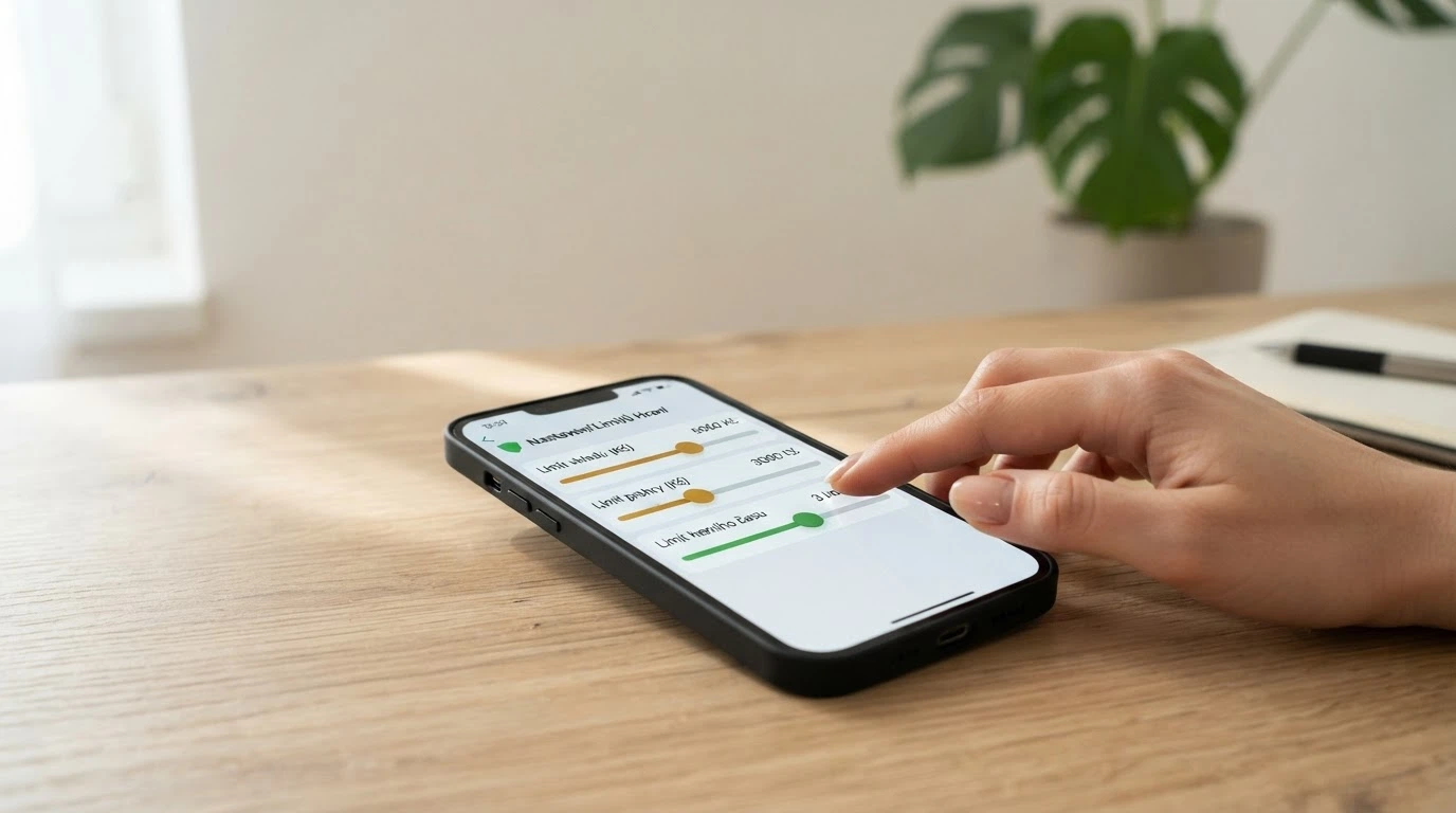 Telefon s otevřenou stránkou nastavení herních limitů — na obrazovce jsou posuvníky pro denní limit vkladu, prohry a času hraní