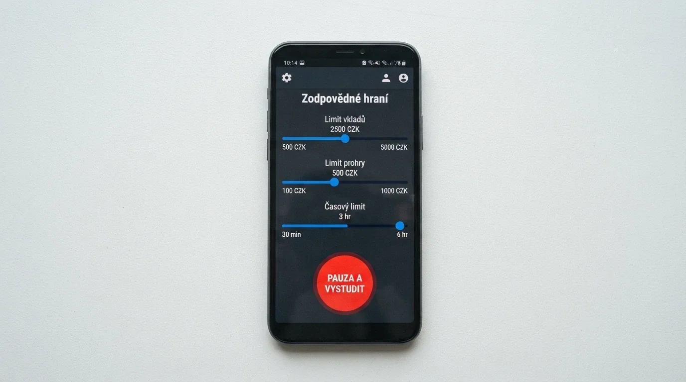 Obrazovka nastavení herních limitů — posuvníky pro vklad, prohru a čas, tlačítko panic button
