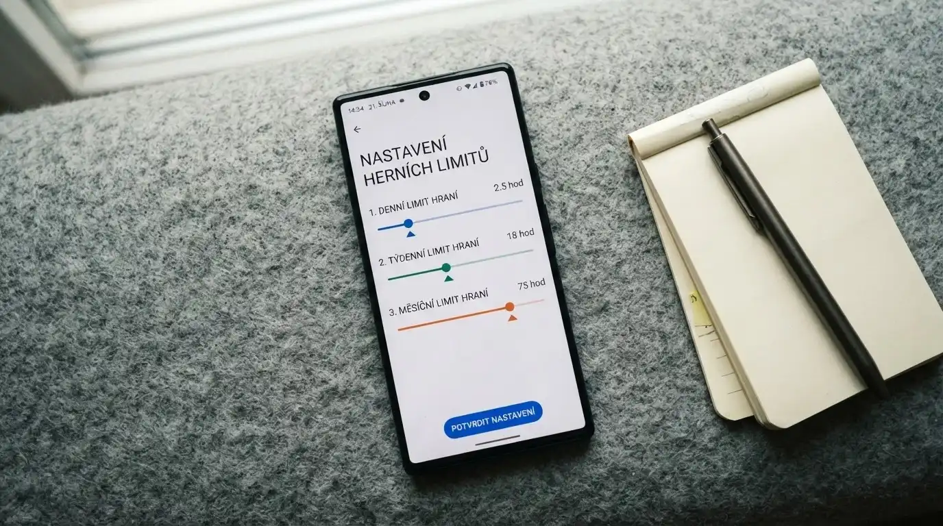 Displej mobilu s otevřenou sekcí nastavení herních limitů — posuvníky pro denní, týdenní a měsíční stropy, vedle tlačítko s nápisem Panic Button