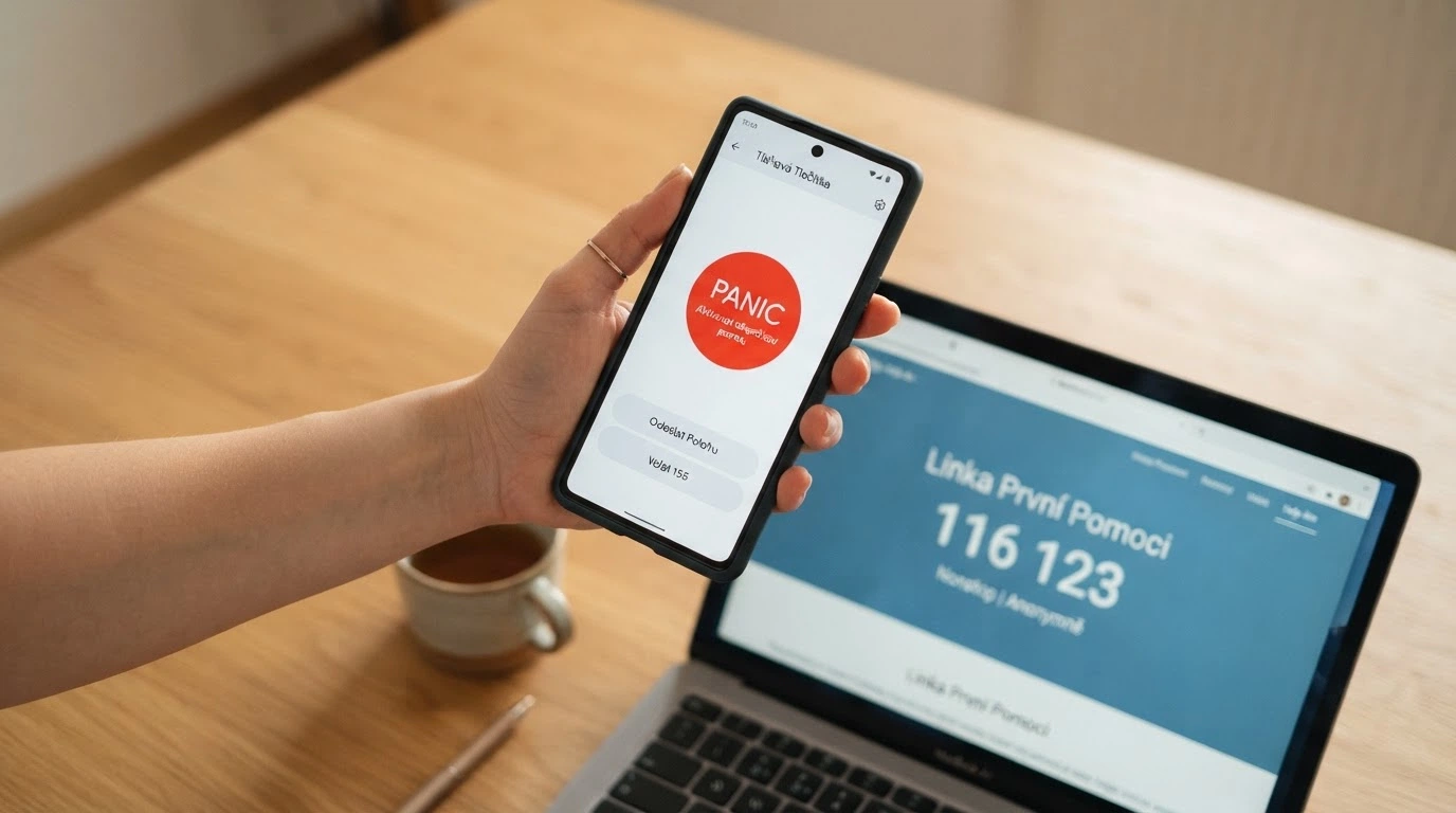 Telefon s číslem Linky pomoci a ikonou panic button na monitoru počítače