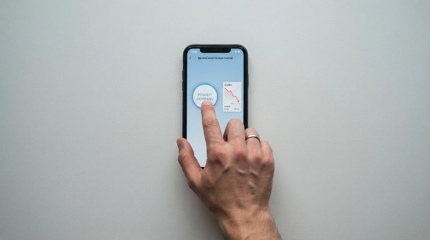Mobilní obrazovka s tlačítkem panic button a grafem sebeomezujících limitů — v pozadí logo RVO