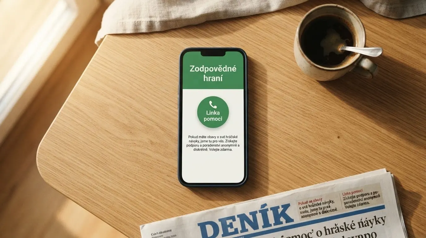 Telefon s otevřenou stránkou zodpovednehrani.cz a ikonou linky pomoci