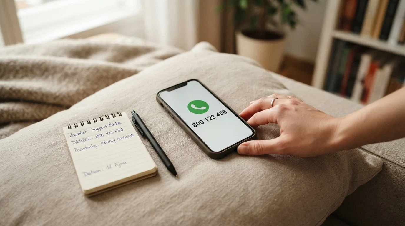 Telefon s vytočeným číslem linky pomoci na displeji, vedle něj poznámkový blok s čísly o prevalenci hazardu v ČR
