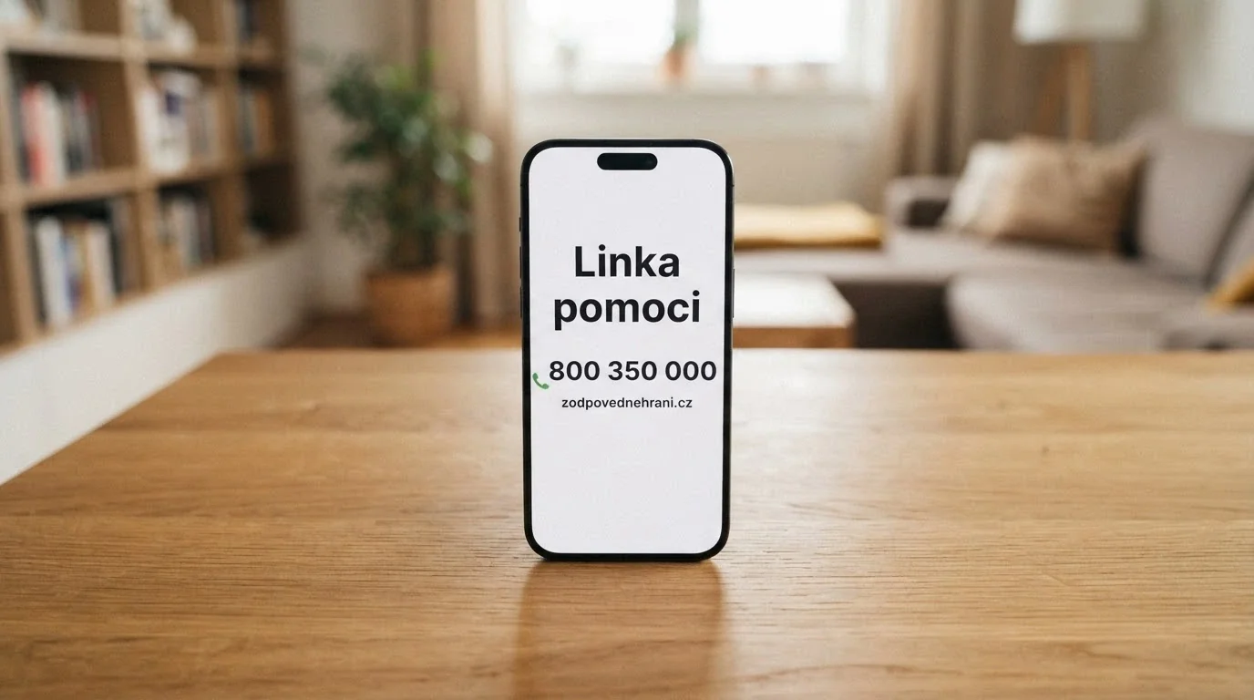 Telefon s vytočeným číslem linky pomoci a otevřenou stránkou zodpovednehrani.cz — spojení, které může zachránit účty i vztahy