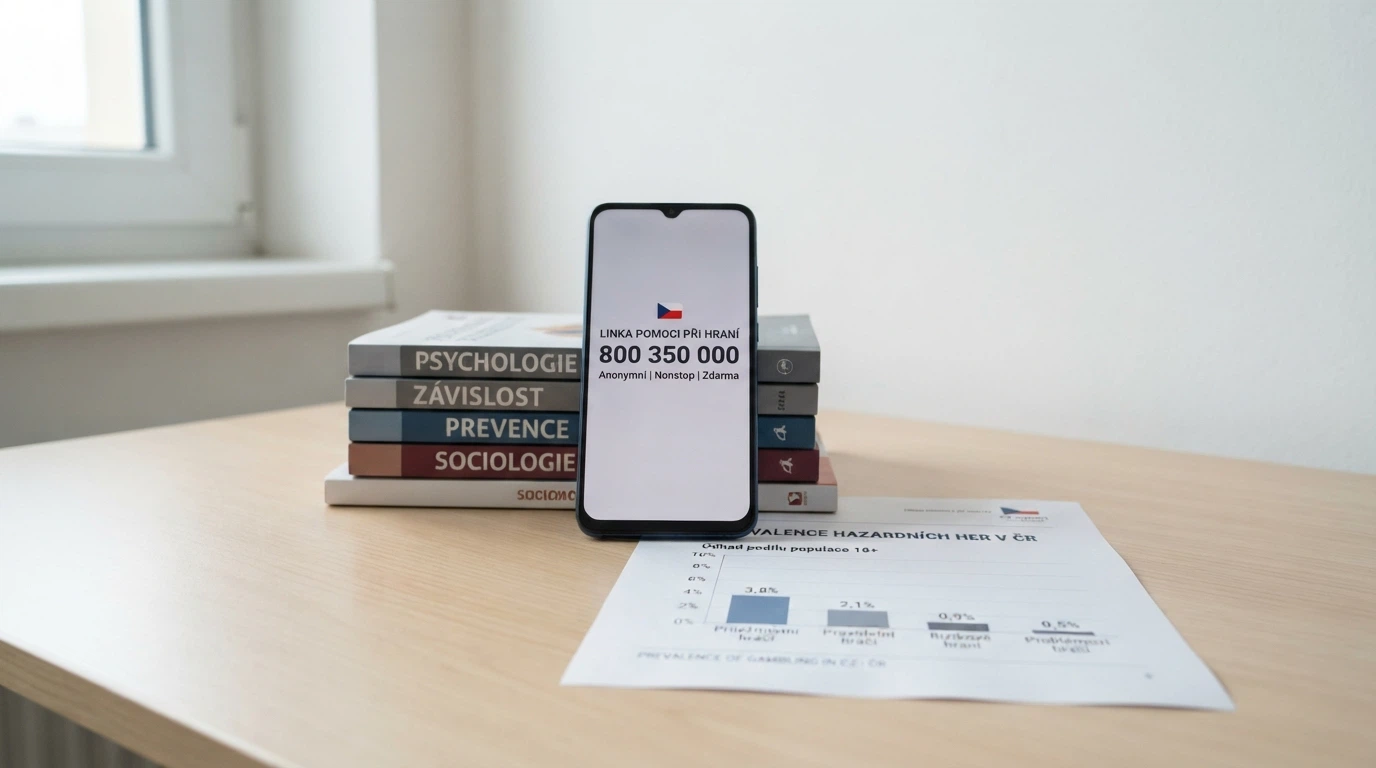 Telefon s číslem linky pomoci, vedle něj graf s daty o prevalenci hazardu v ČR