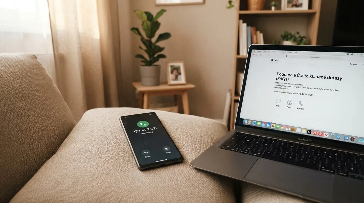Telefon s vytočeným číslem linky pomoci a logem zodpovědného hraní na obrazovce notebooku