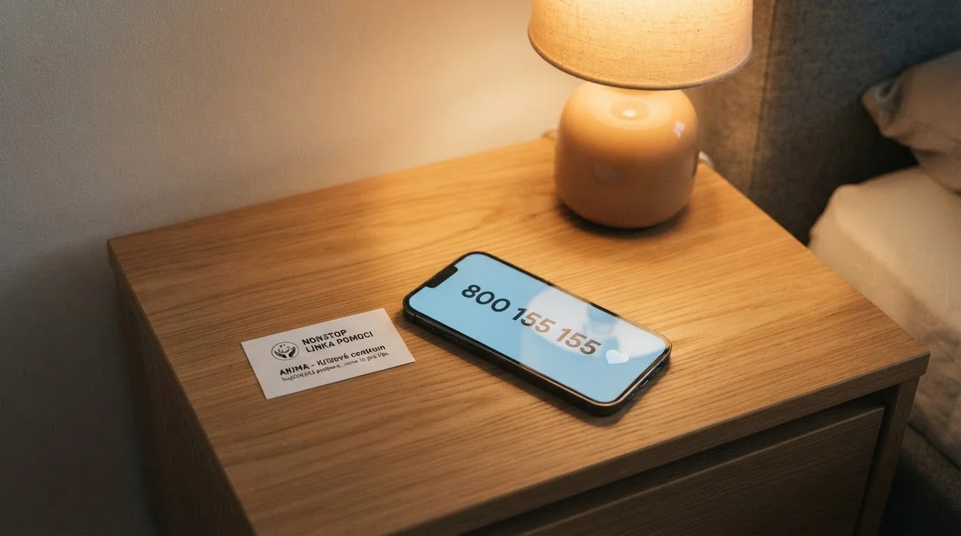 Telefon s číslem linky pomoci na displeji, vedle něj vizitka s nápisem Zodpovědné hraní